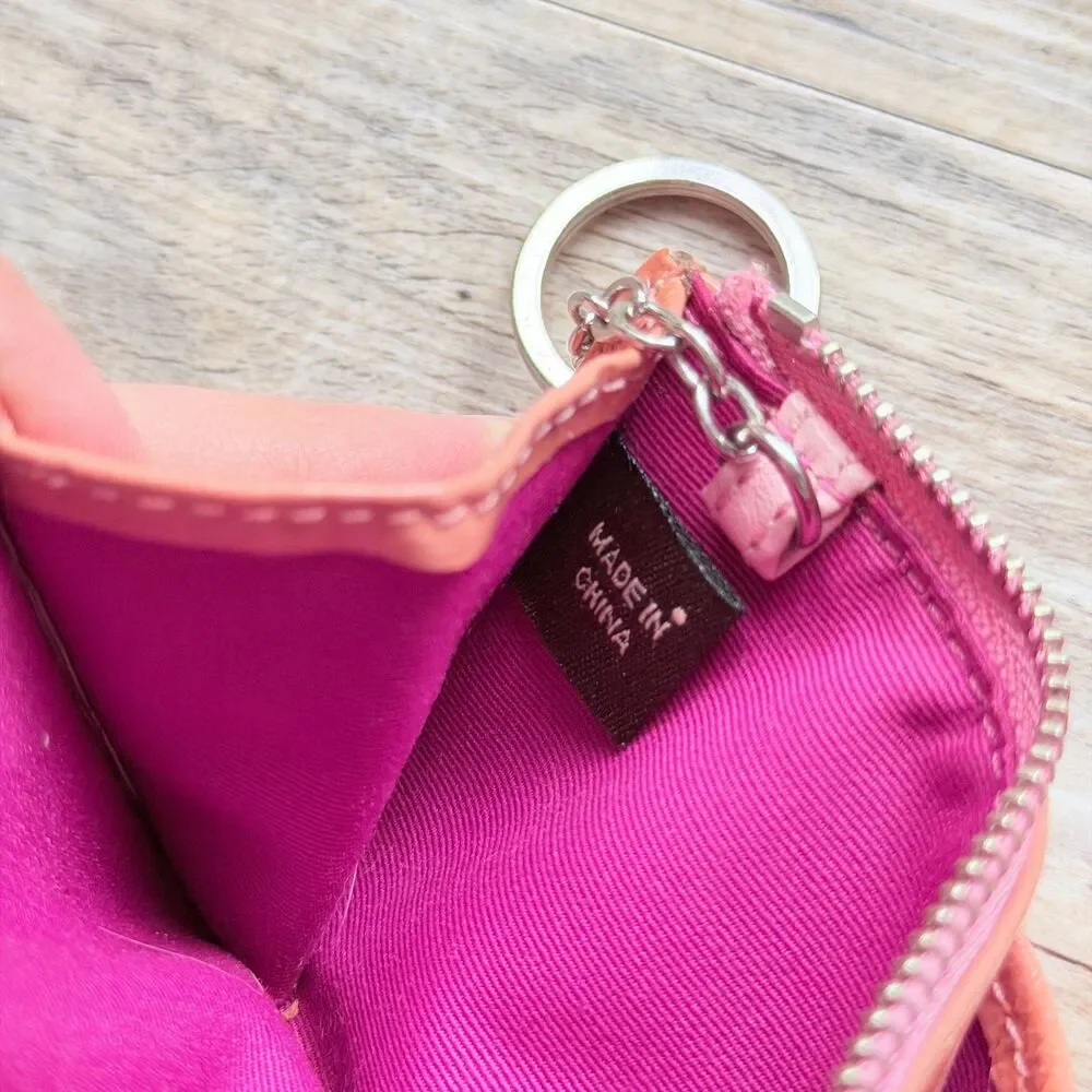 Coach Wallet Patent Leather Skinny Card Case Zip Keychain Coral Pink Coin Pouch
